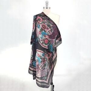 Peacock Floral Square Scarf 41in x 39in spring animal bird bohemian retro 70s